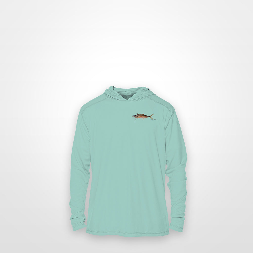 Seafoam "Jew fish" Spanish mackerel sun hoodie, front view: small Spanish mackerel chest mark