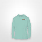 Seafoam "Jew fish" Spanish mackerel sun hoodie, front view: small Spanish mackerel chest mark