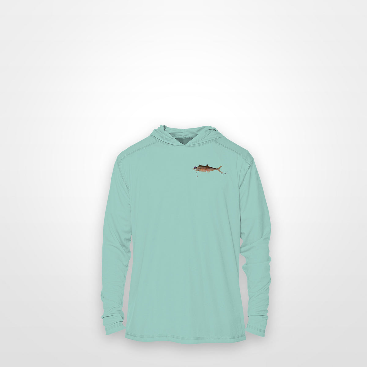 Seafoam "Jew fish" Spanish mackerel sun hoodie, front view: small Spanish mackerel chest mark