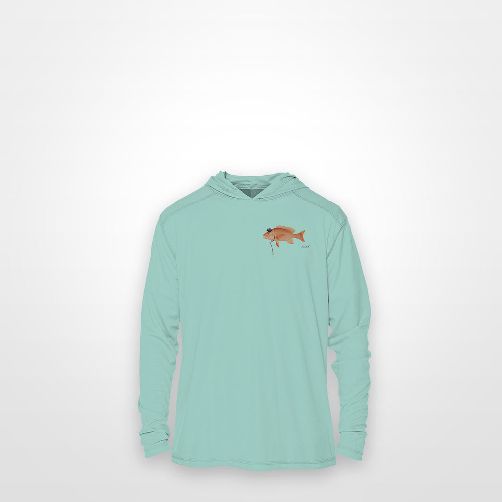 Seafoam "Jew fish" red snapper sun hoodie, front view: small red snapper chest mark