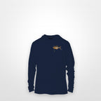 Navy "Jew fish" pompano sun hoodie, front view: small pompano chest mark