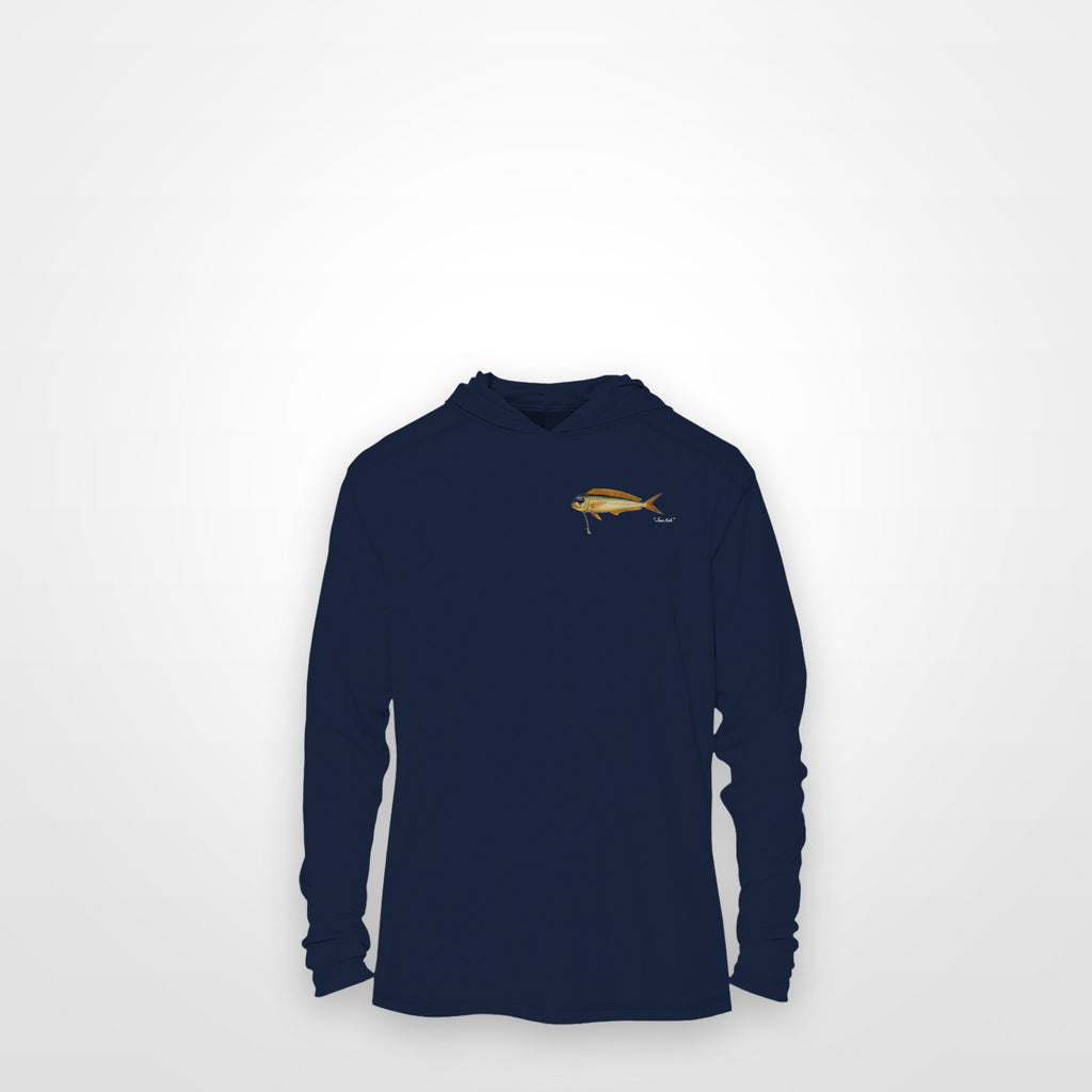 Navy "Jew fish" mahi sun hoodie, front view: small mahi chest mark