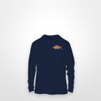 Navy "Jew fish" red snapper sun hoodie, front view: small red snapper chest mark