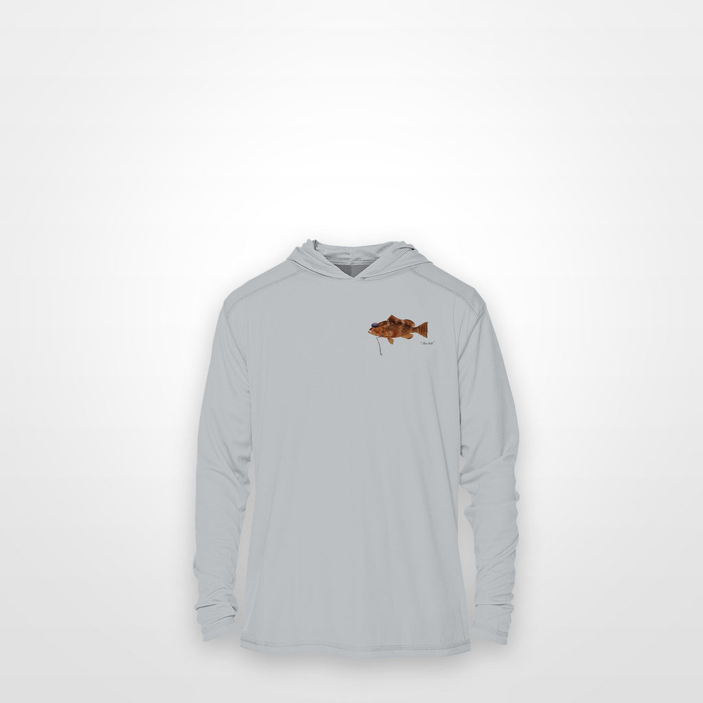 Light Grey "Jew fish" red grouper sun hoodie, front view: small red grouper chest mark