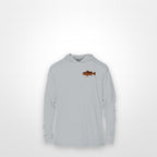 Light Grey "Jew fish" red grouper sun hoodie, front view: small red grouper chest mark
