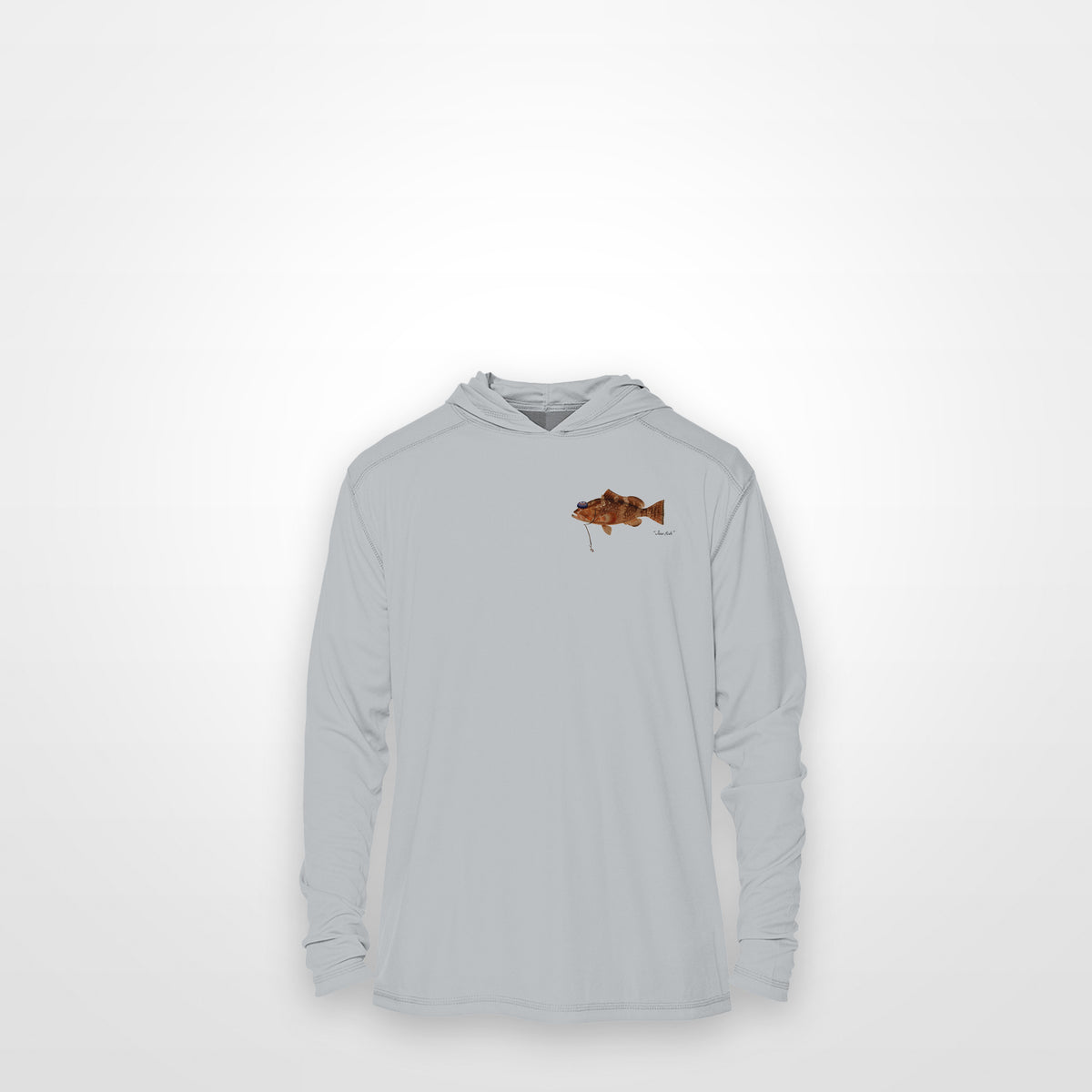 Light Grey "Jew fish" red grouper sun hoodie, front view: small red grouper chest mark