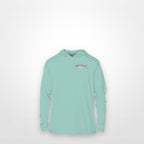 Seafoam "Jew fish" bluefish sun hoodie, front view: small bluefish chest mark