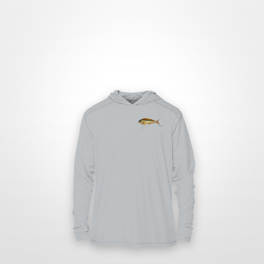Light Grey "Jew fish" mahi sun hoodie, front view: small mahi chest mark