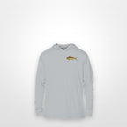 Light Grey "Jew fish" mahi sun hoodie, front view: small mahi chest mark