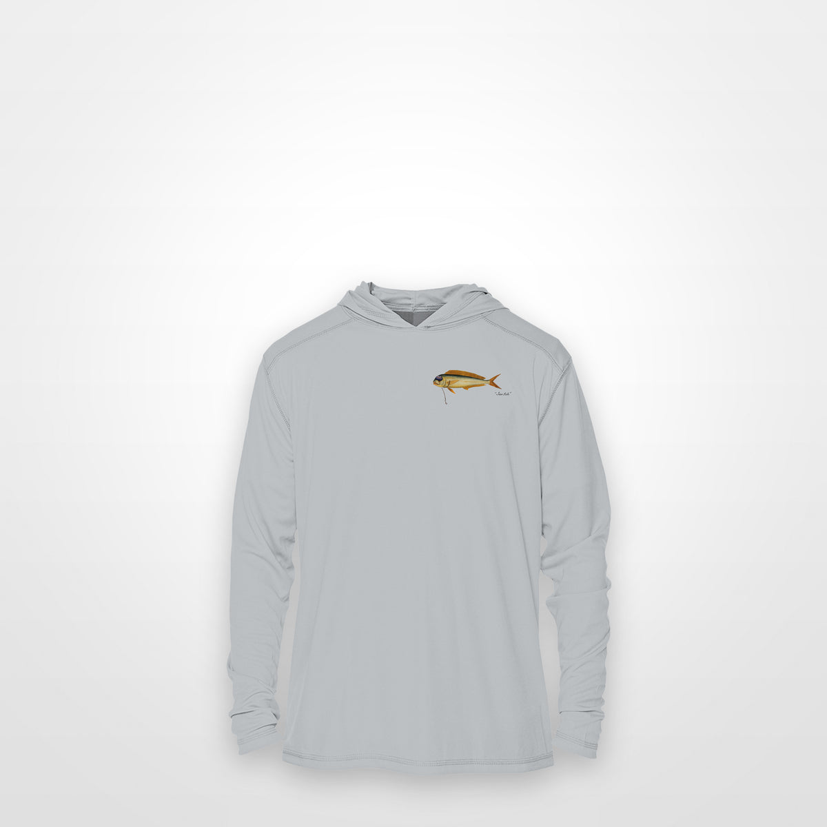 Light Grey "Jew fish" mahi sun hoodie, front view: small mahi chest mark