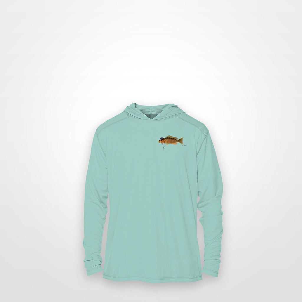 Seafoam "Jew fish" mangrove snapper sun hoodie, front view: small mangrove snapper chest mark