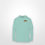 Seafoam "Jew fish" mangrove snapper sun hoodie, front view: small mangrove snapper chest mark