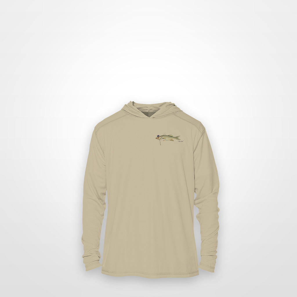 Sand "Jew fish" snook sun hoodie, front view: small snook chest mark