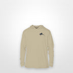 Sand "Jew fish" sailfish sun hoodie, front view: small sailfish chest mark