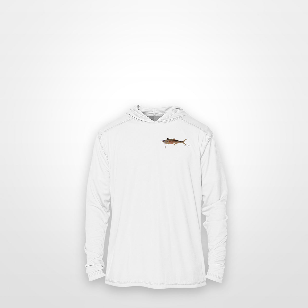 White "Jew fish" Spanish mackerel sun hoodie, front view: small Spanish mackerel chest mark