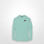 Seafoam "Jew fish" sailfish sun hoodie, front view: small sailfish chest mark