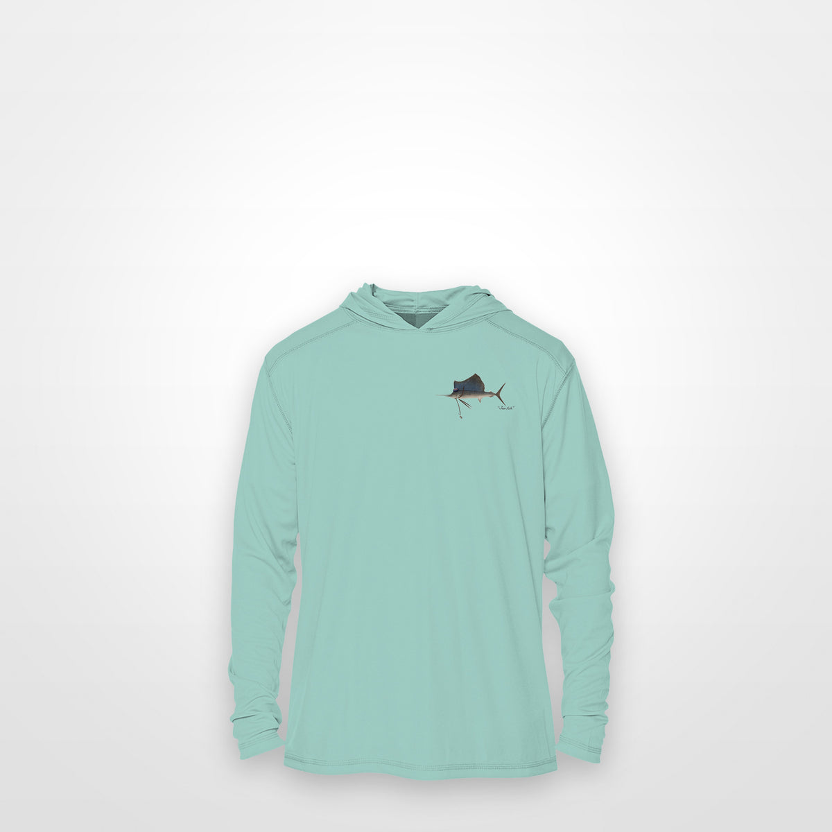 Seafoam "Jew fish" sailfish sun hoodie, front view: small sailfish chest mark