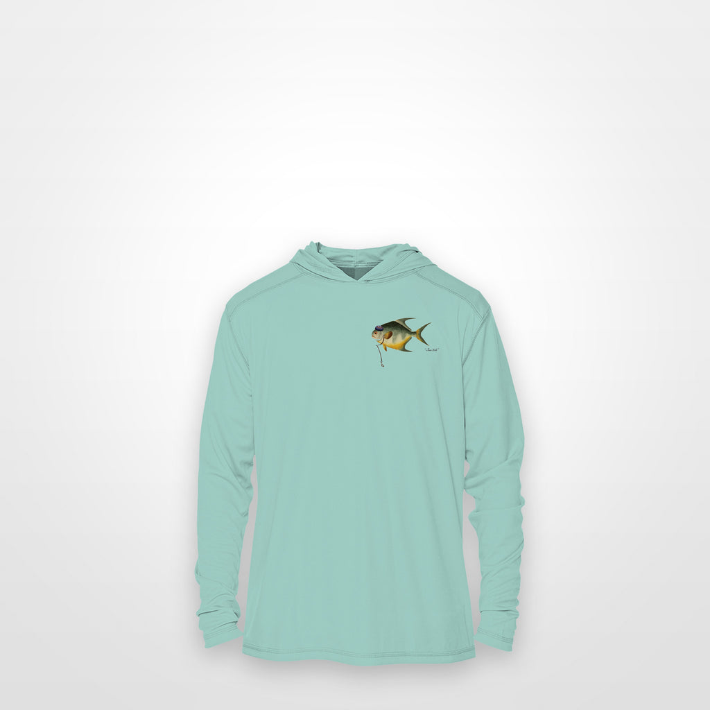 Seafoam "Jew fish" permit sun hoodie, front view: small permit chest mark
