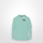 Seafoam "Jew fish" permit sun hoodie, front view: small permit chest mark