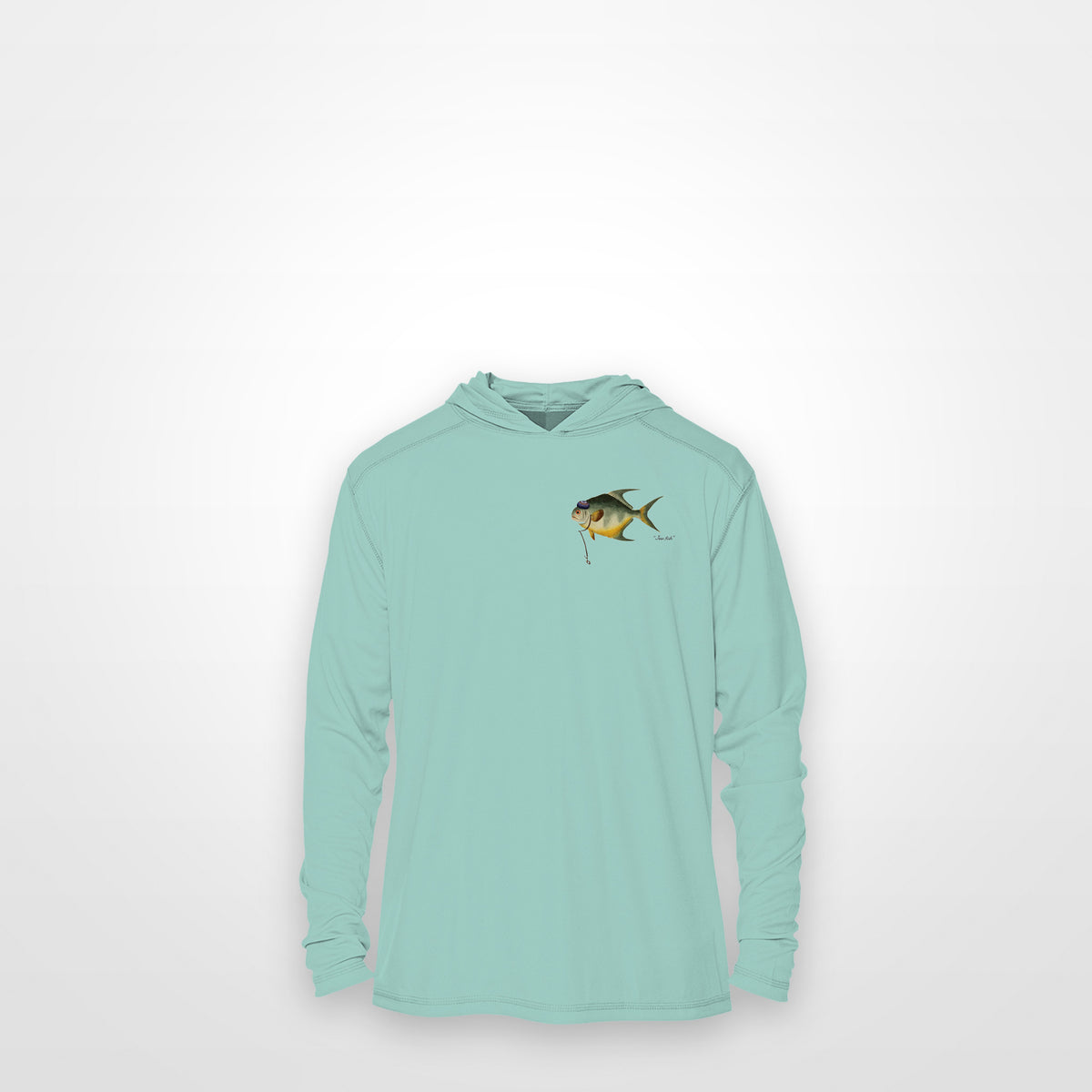 Seafoam "Jew fish" permit sun hoodie, front view: small permit chest mark
