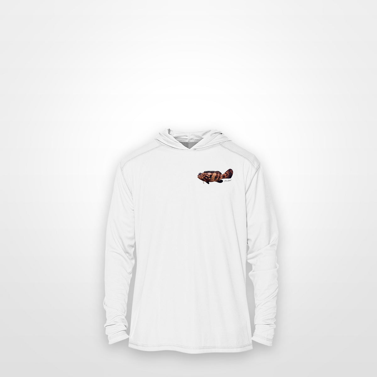White "Jew fish" Goliath grouper sun hoodie, front view: small Goliath grouper chest mark