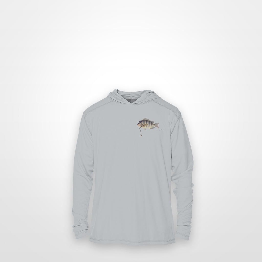 Light Grey "Jew fish" sheepshead sun hoodie, front view: small sheepshead chest mark