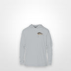 Light Grey "Jew fish" sheepshead sun hoodie, front view: small sheepshead chest mark