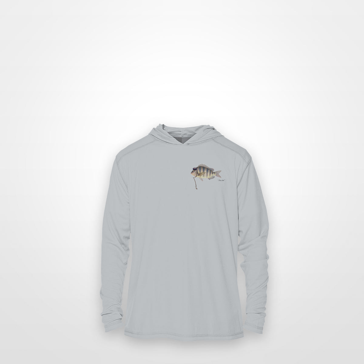 Light Grey "Jew fish" sheepshead sun hoodie, front view: small sheepshead chest mark