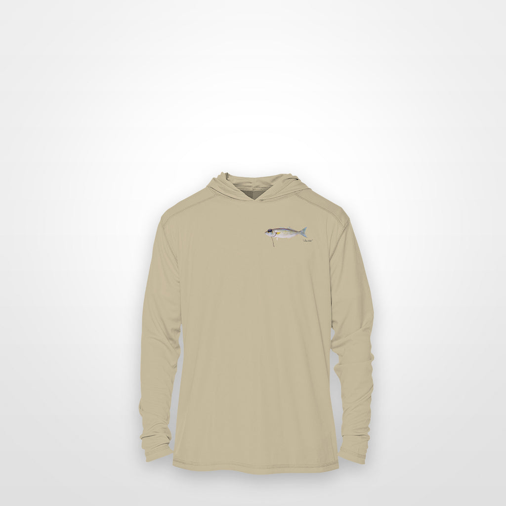 Sand "Jew fish" bluefish sun hoodie, front view: small bluefish chest mark