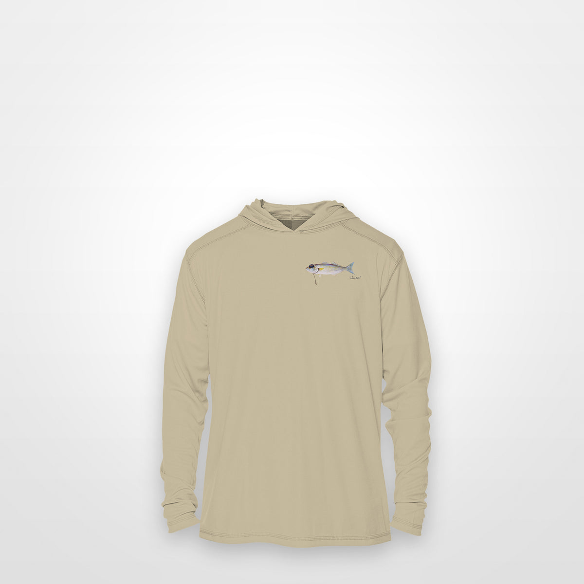 Sand "Jew fish" bluefish sun hoodie, front view: small bluefish chest mark