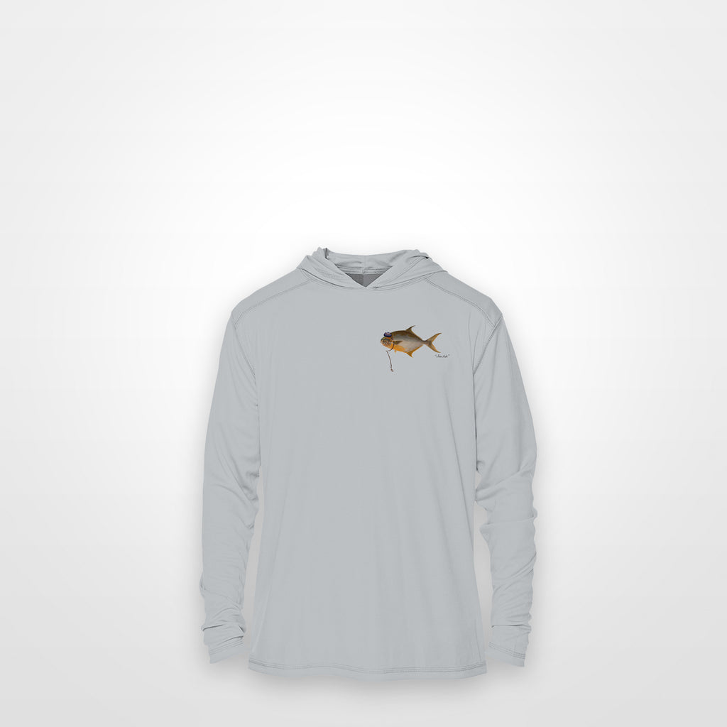 Light Grey "Jew fish" pompano sun hoodie, front view: small pompano chest mark