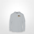Light Grey "Jew fish" pompano sun hoodie, front view: small pompano chest mark