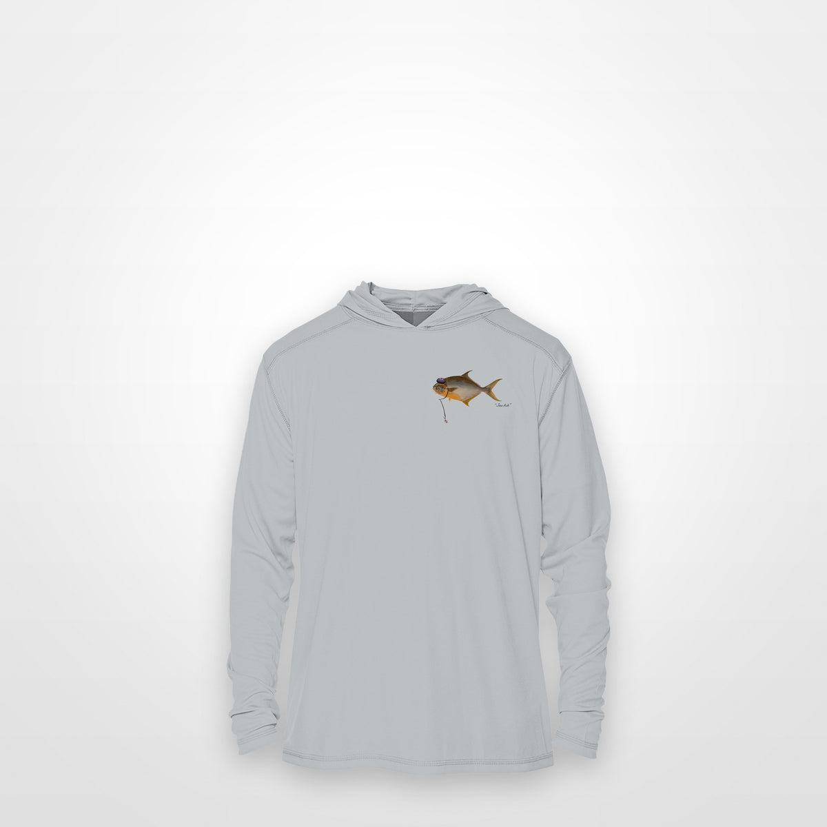 Light Grey "Jew fish" pompano sun hoodie, front view: small pompano chest mark