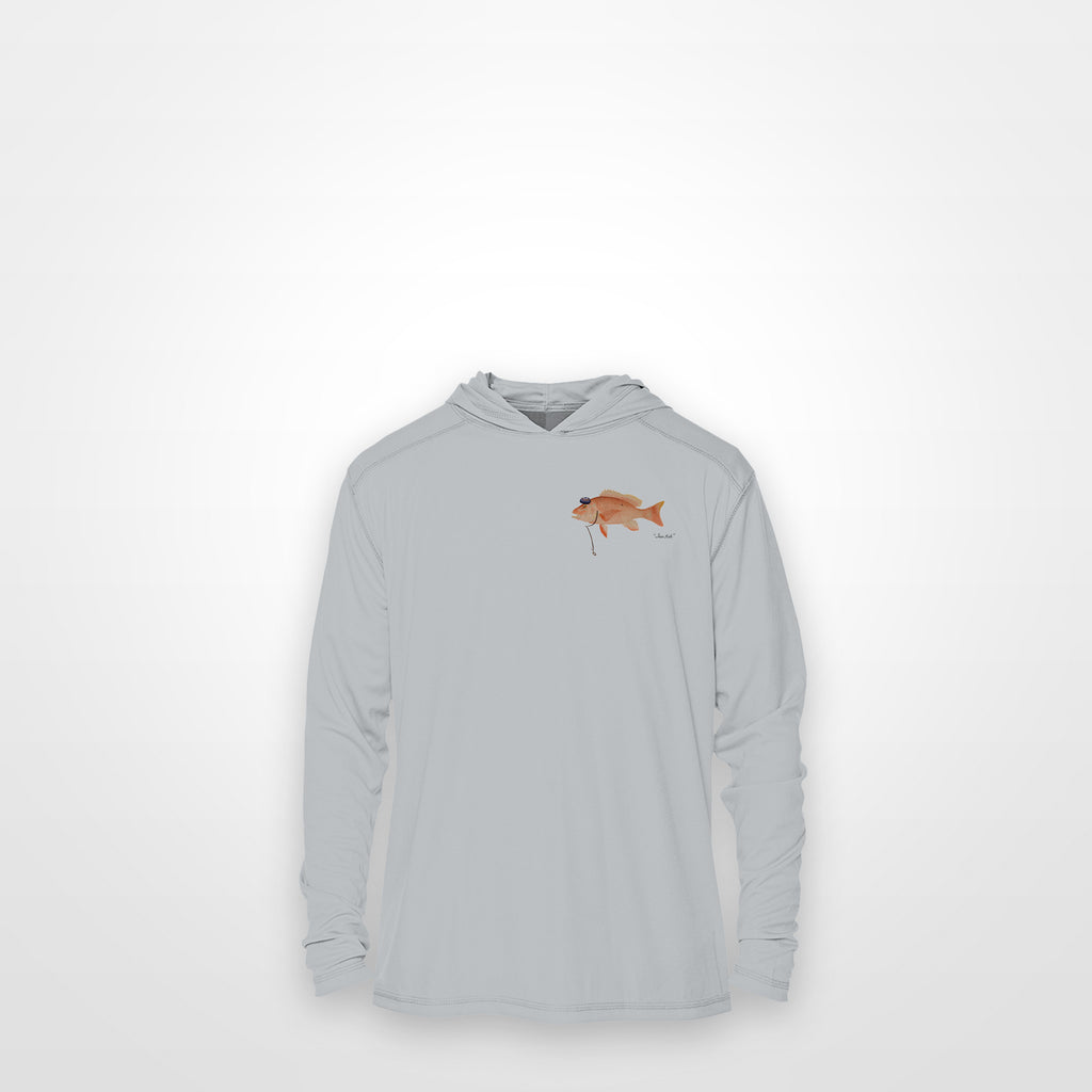 Light Grey "Jew fish" red snapper sun hoodie, front view: small red snapper chest mark