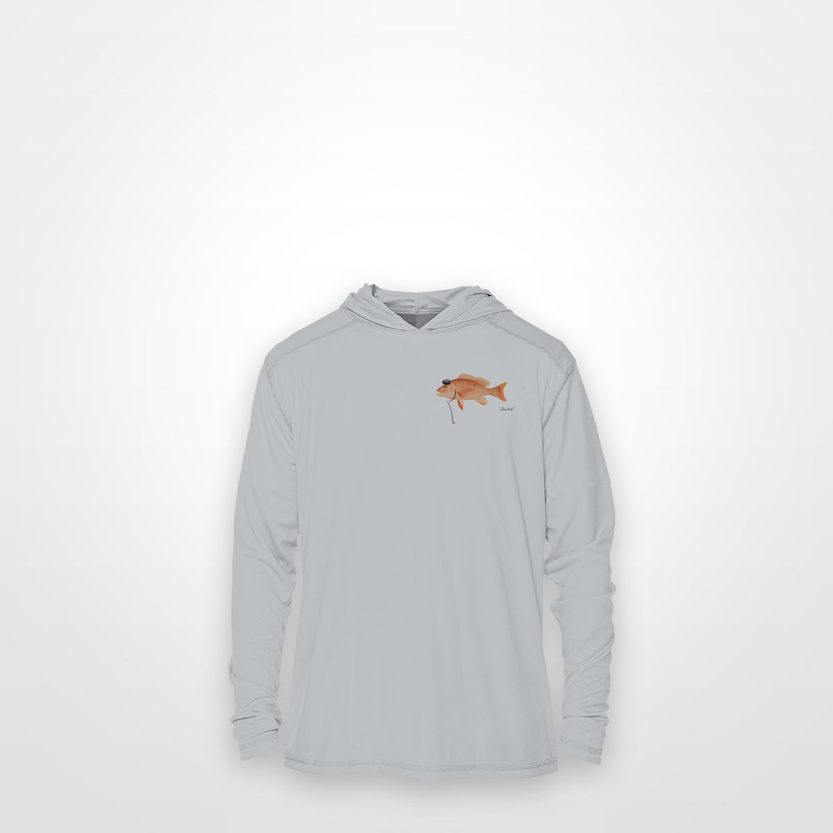 Light Grey "Jew fish" red snapper sun hoodie, front view: small red snapper chest mark