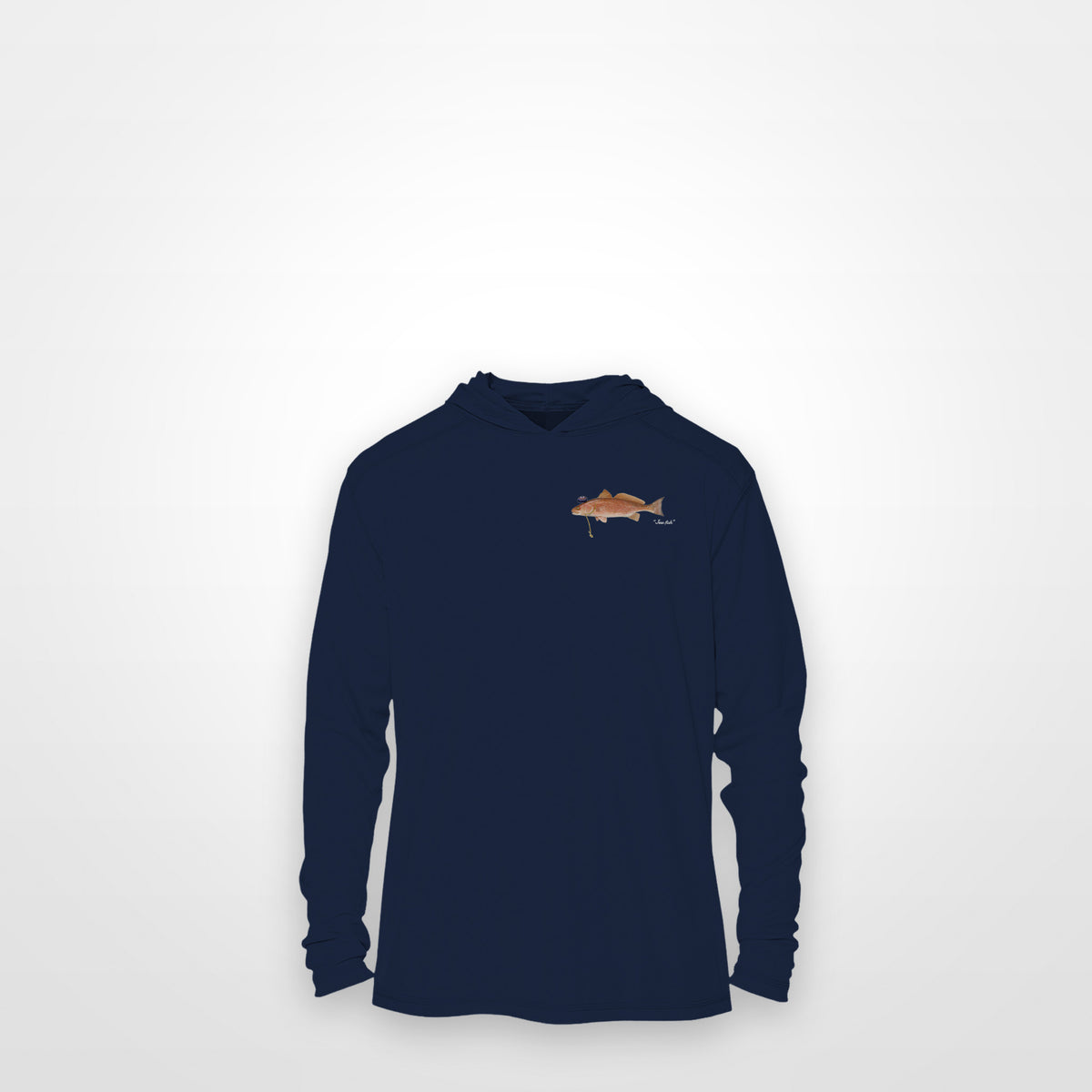 Navy "Jew fish" redfish sun hoodie, front view: small redfish chest mark