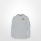 Light Grey "Jew fish" mangrove snapper sun hoodie, front view: small mangrove snapper chest mark