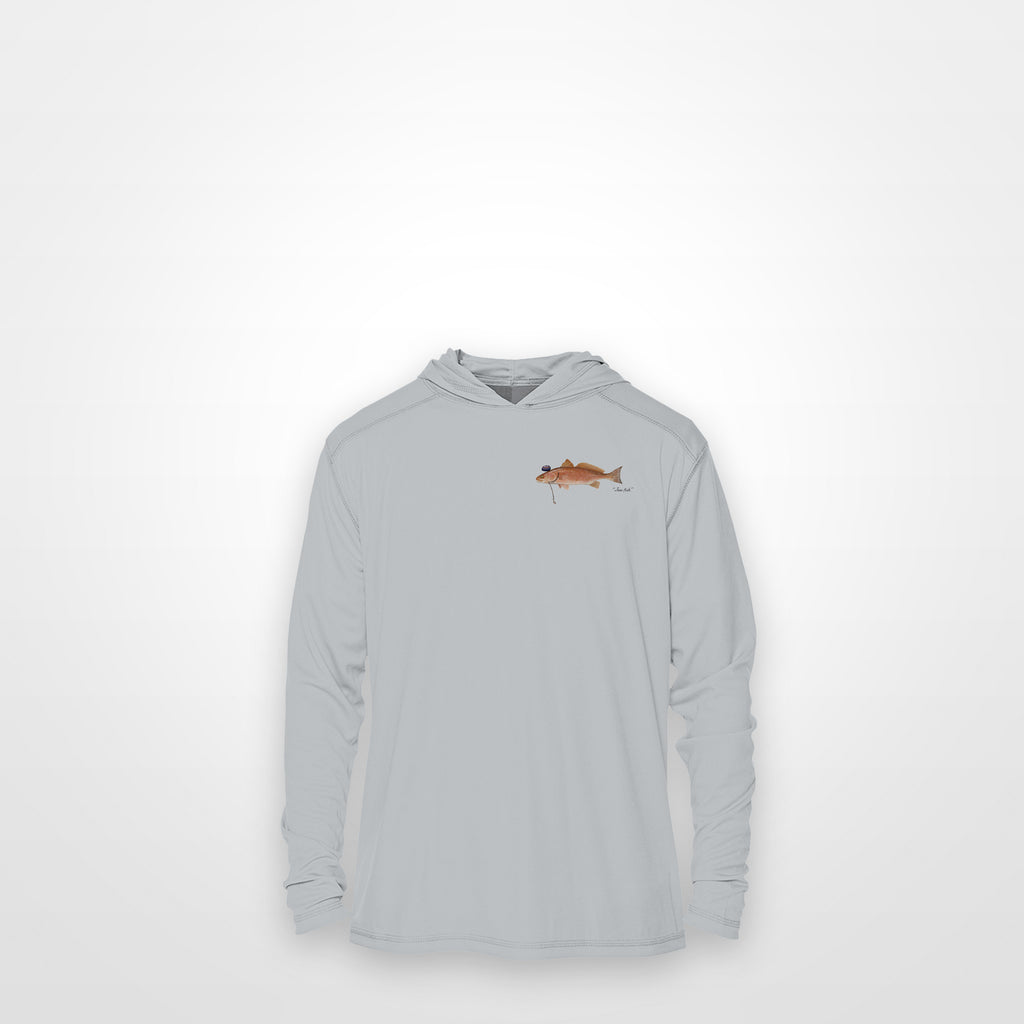 Light Grey "Jew fish" redfish sun hoodie, front view: small redfish chest mark