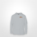 Light Grey "Jew fish" redfish sun hoodie, front view: small redfish chest mark