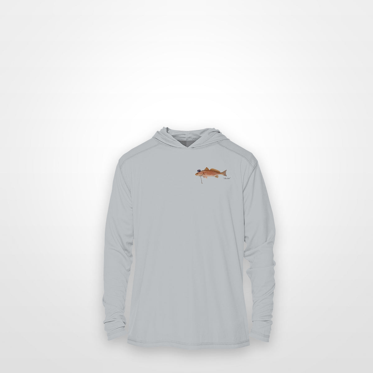 Light Grey "Jew fish" redfish sun hoodie, front view: small redfish chest mark