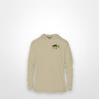 Sand "Jew fish" permit sun hoodie, front view: small permit chest mark
