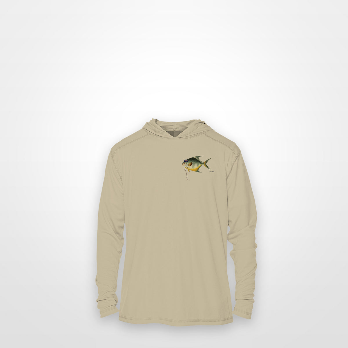 Sand "Jew fish" permit sun hoodie, front view: small permit chest mark