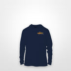 Navy "Jew fish" mangrove snapper sun hoodie, front view: small mangrove snapper chest mark