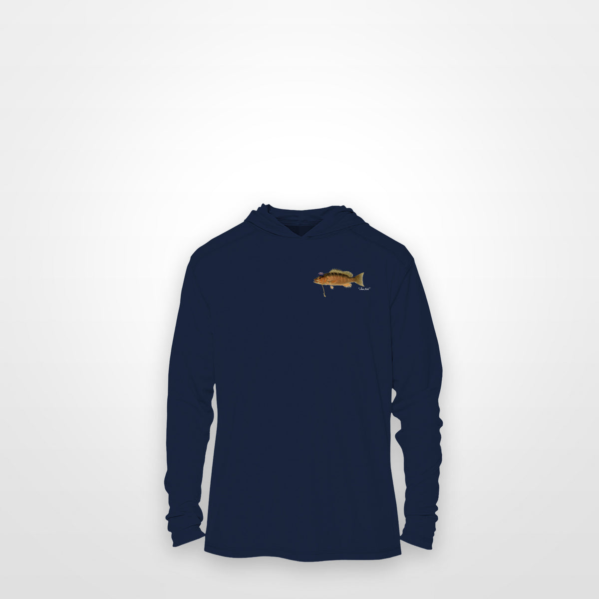 Navy "Jew fish" mangrove snapper sun hoodie, front view: small mangrove snapper chest mark
