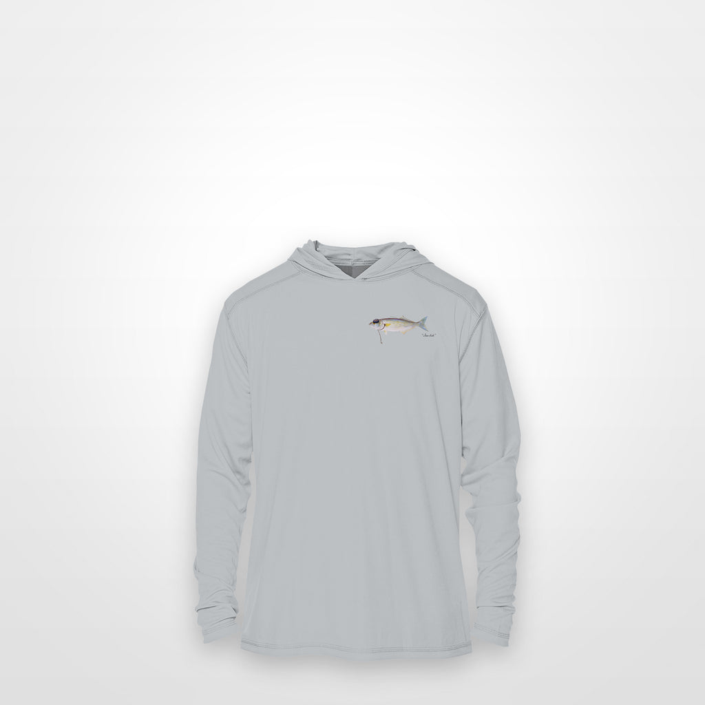 Light Grey "Jew fish" bluefish sun hoodie, front view: small bluefish chest mark