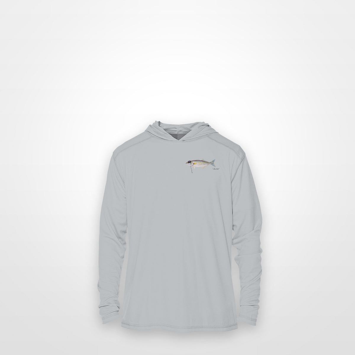 Light Grey "Jew fish" bluefish sun hoodie, front view: small bluefish chest mark
