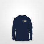 Navy "Jew fish" sheepshead sun hoodie, front view: small sheepshead chest mark
