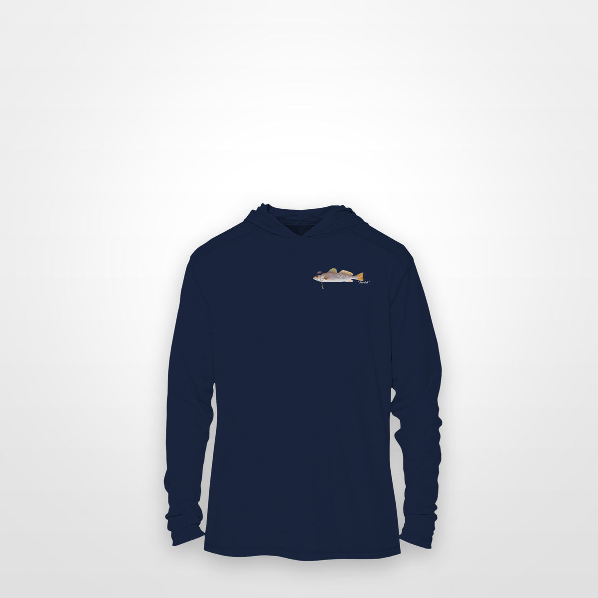 Navy "Jew fish" speckled trout sun hoodie, front view: small speckled trout chest mark