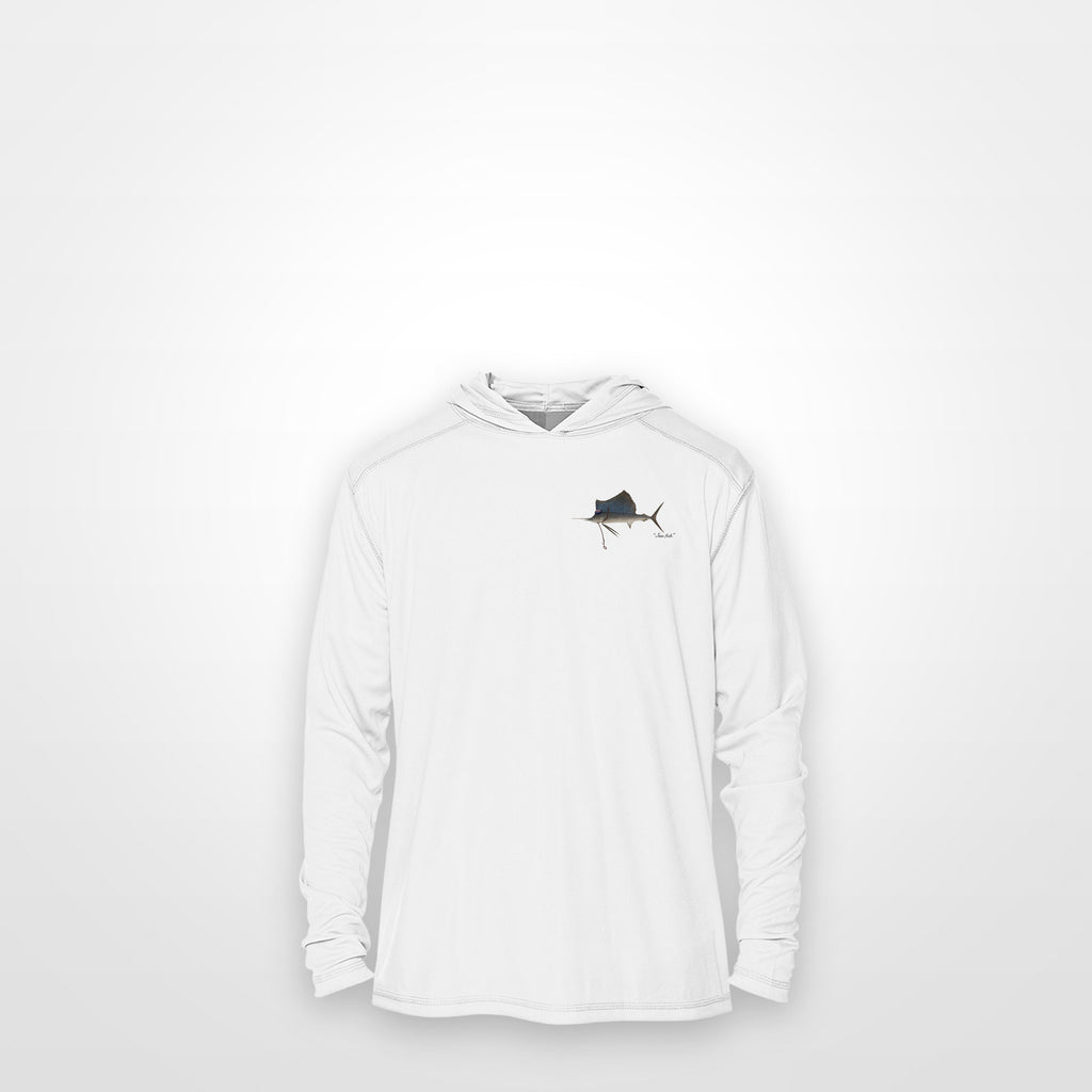 White "Jew fish" sailfish sun hoodie, front view: small sailfish chest mark