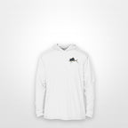 White "Jew fish" sailfish sun hoodie, front view: small sailfish chest mark